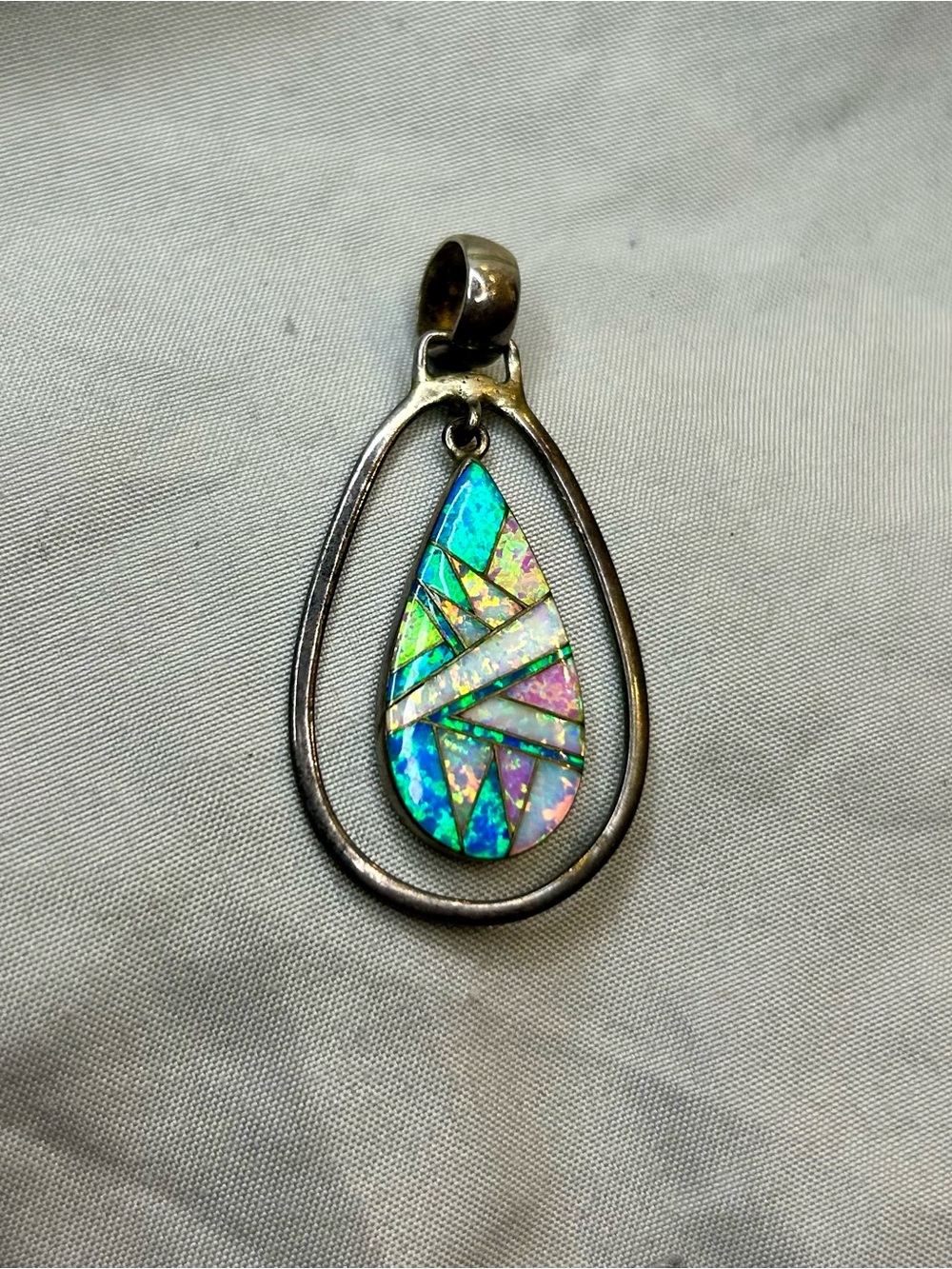 Sterling Silver Teardrop Opal Mosaic Pendant - Iridescent. Signed by artist